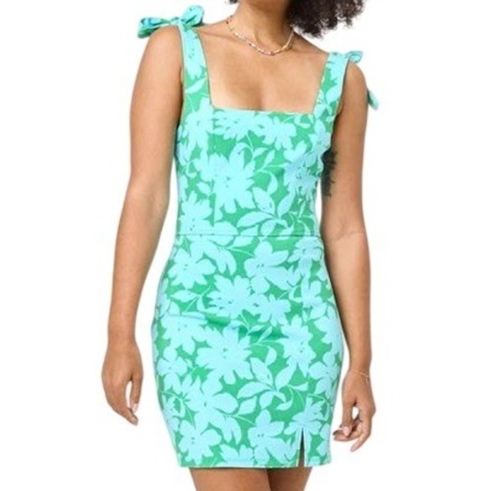Trixxi Floral Mini Dress Women Large Blue Green Excellent Tie Shoulder Slit